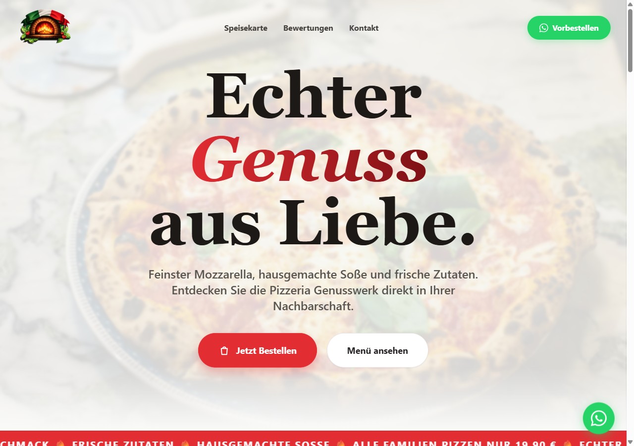 Screenshot der Website Pizzeria Genusswerk